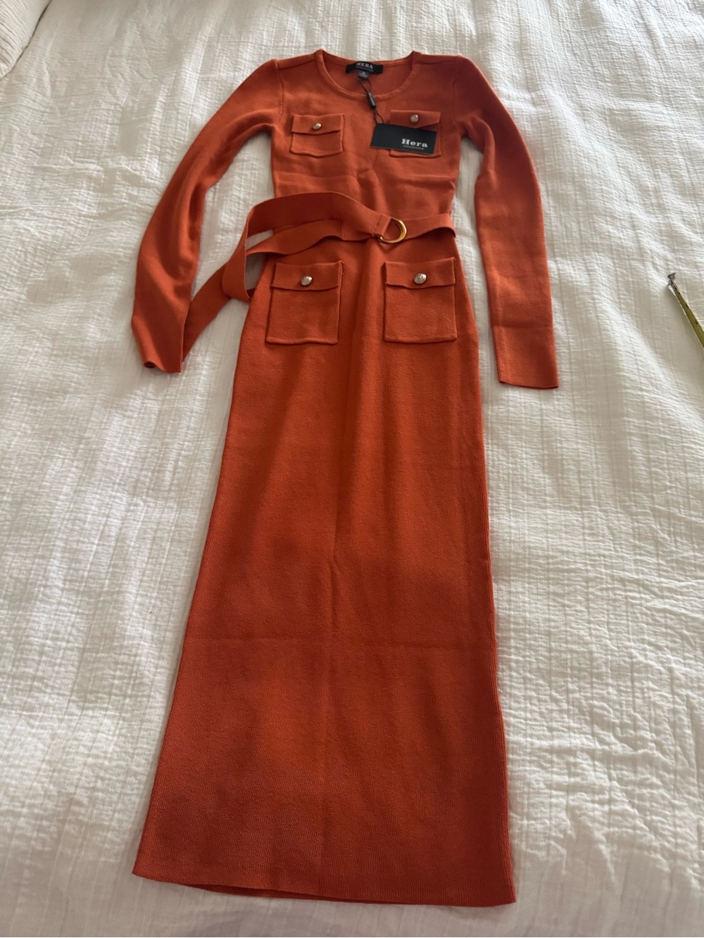 Hera Collection Orange Belted Bodycon Midi Dress NWT Size Small